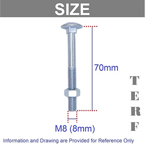 TERF® M8 X 70mm Cup Square Carriage Bolt and Nut M8 (8mm) X 70mm Coach Bolts with Hexagon Nuts - Pack of 10 - Image 3