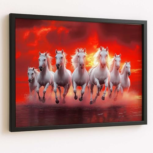 Image of HOTHOUSE 7 Horses Vastu Frame Wall Art Painting for Living Room Bedroom Office Home Decor | Seven Running Vastu Lucky Horse Rising Sun Painting Wall Decor Size (19X25 inch)