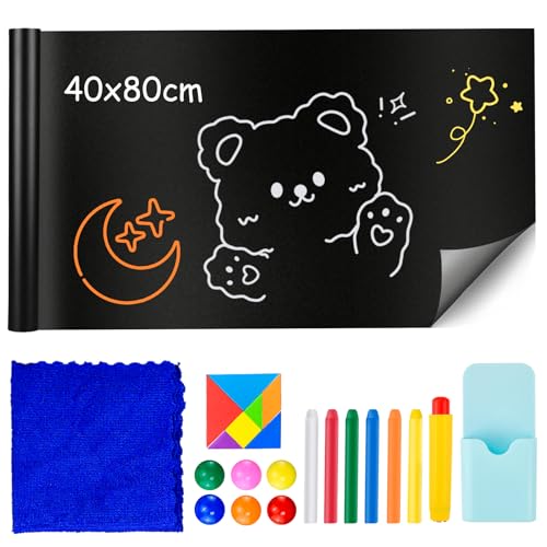 WEFHEF Pizarra Magnética 80x40cm, Pizarra Adhesiva Pared Negra, Pizarra Magnetica Infantil pared con 6 Tizas de Colores, 1 Paño y 4 Imanes y 1 Puzzle de Colores y 1 Caja para Escuela, Oficina y Hogar