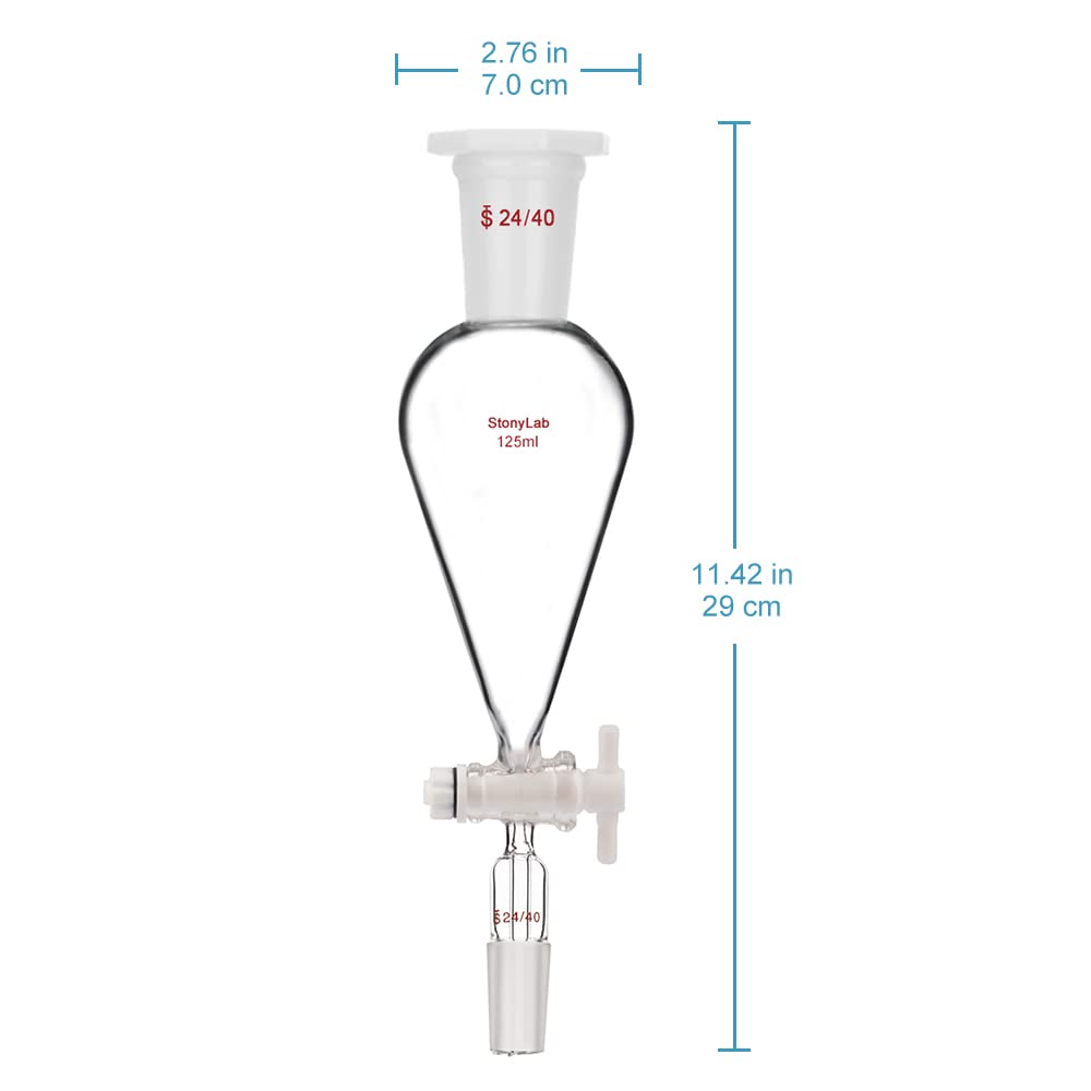 stonylab 125 mL Conical Pear-Shaped Separatory Funnel with PTFE Stopcock, Heavy Wall Borosilicate Glass, Top & Lower 24/40 Joints – Lab Liquid Separation