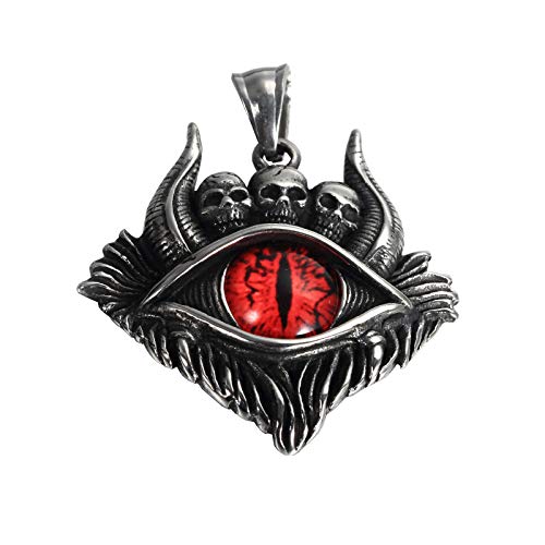 PAMTIER Men's Stainless Steel Vintage Evil Eye Demon Skull Head Oxhorn Pendant Necklace2
