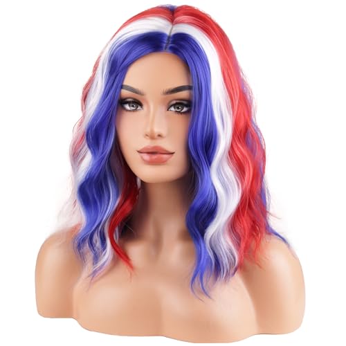 Image of BERON 4th of July Wigs for Women Short Curly Wavy Red White Blue and Mixed Wavy Wig Girls Flag Wig Heat Resistant Synthetic Costume Independence Day Cosplay Party Wigs