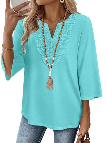 Image of WIHOLL 3 /4 Length Sleeve Womens Tops Boho V Neck Lace Shirt Trendy Blouses Dressy Casual Vacation Clothes S-3XL