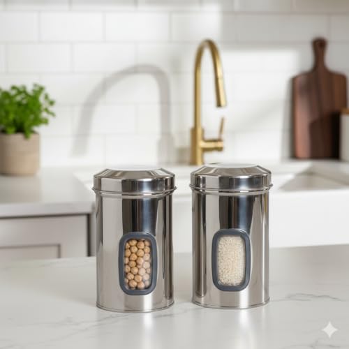 Image of Airtight Stainless Steel Storage Containers Set of 2 | 1750ml Steel Kitchen Canisters with See-Through Window | Food Grade Multipurpose Capsule Jars for Rice, Dal, Grains & Snacks