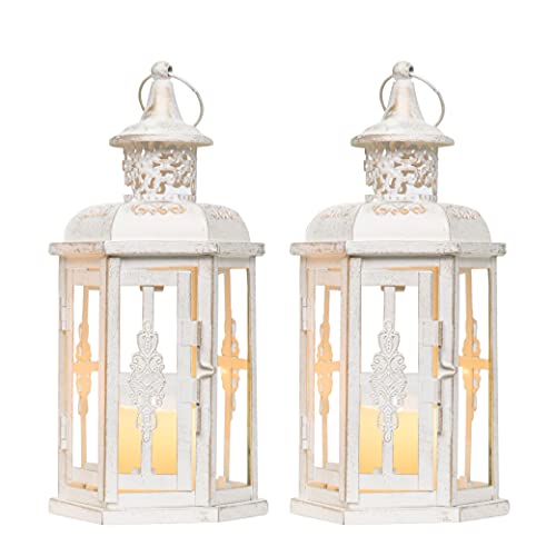 Jhy Design Set Of 2 Decorative Lanterns -10Inch High Vintage Style Hanging Lantern Metal Candleholder White With Gold Brush #TOP2