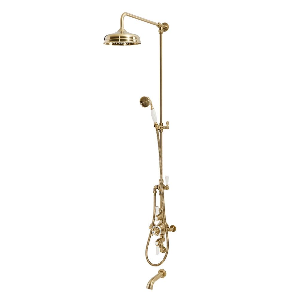 Milano Brushed Brass Elizabeth Rigid Riser Thermostatic Valve Round Shower Head Handset Bath Spout - Brass
