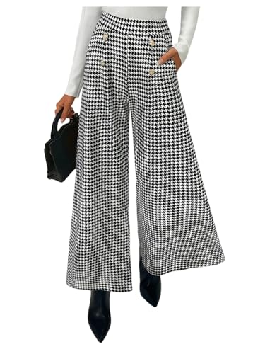 GORGLITTER Women's Plaid Houndstooth Print Palazzo Pants High Waist Wide Leg Button Decor Trousers