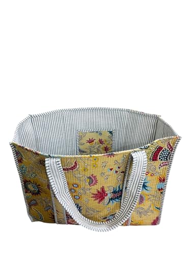 Sac fourre-tout matelassé en coton jaune imprimé main pour un grand sac cabas pratique au quotidien - 2