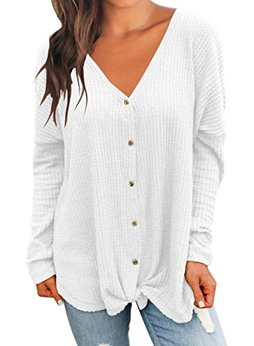 MIHOLL Womens Loose Blouse Long Sleeve V Neck Button Down T Shirts Tie