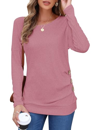 MOLERANI Womens Long Sleeve Tunic Tops Fall Winter Casual Shirts with Leggings - Cozy Button Down Crewneck Top for Home,Pink,L