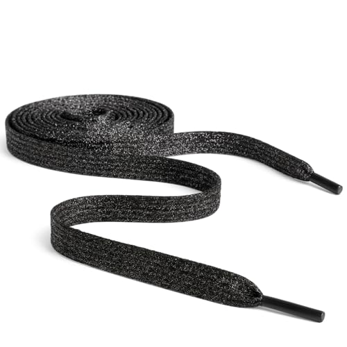 Cordones metálicos de colores planos con purpurina, 12 mm de ancho x 80 cm de largo, 120 cm de largo, para zapatos deportivos de niños y mujeres, zapatos de baile y patines de hielo, negro satinado