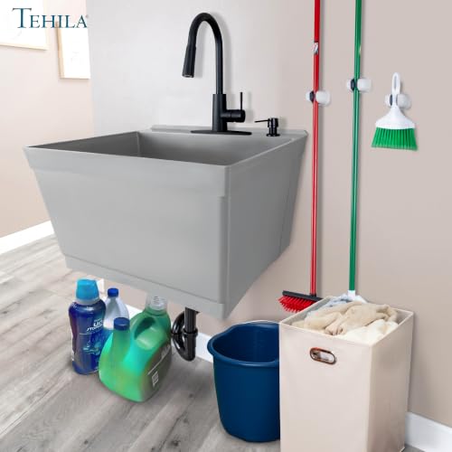 Image of JS Jackson Supplies Tehila Grey Wall-Mounted Utility Sink Tub Kit with Black Pull-Down Faucet, Wall-Mounted Utility Tub with Wall Bracket for Laundry Room, Garage, Workshop