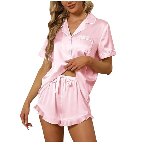 Pyjama 2 pièces en satin de soie rose femme, coffret cadeau nuit douce short chemise L