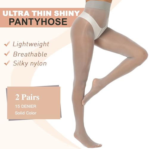 Image of Shiny Pantyhose for Women High Waist Silk Oil Shimmer Sheer Tights | 2 Pairs Sheer Tights for Women 15D Pantyhose for Women