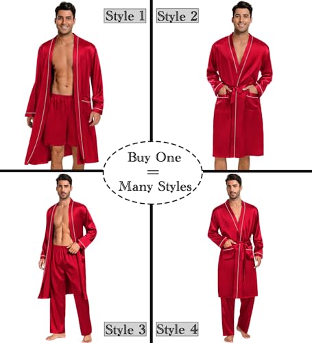 Image of SWOMOG Mens 3 PCS Satin Robe with Pants & Shorts Set Kimono Bathrobe Long Sleeve Sleepwear Pjs Sets with Pockets