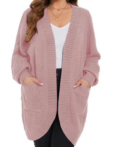 Image of MONNURO Womens Plus Size Open Front Cardigan Waffle Knit Long Sleeve Sweaters Tops Fall Coat Outerwear with Pockets