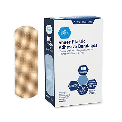 MED PRIDE Sheer Plastic Strip Bandages - 1” x 3” Sterile Bandages with Non-Stick Pad for Wound Care- First Aid Strips with Hypoallergenic Adhesive- Sensitive Skin Latex Free Bandages [100 Pieces]