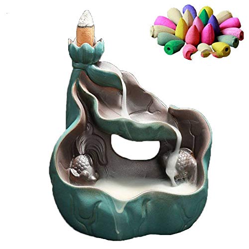 Rückfluss Räuchergefäß,Handgefertigte Keramik Räucherstäbchenhalter Rücklauf Räuchergefäß Figurine Räucherstäbchen Kegel Inhaber Home Decor Geschenk Dekoration Statue Ornamente (Keramik Grün Lotus) Cover