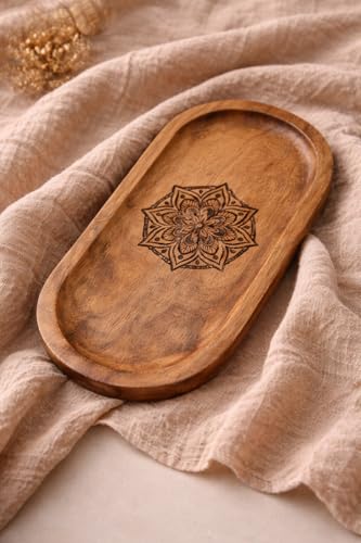 Image of Wooden Jewelry Tray, Oval Shape, L x B x H = 10 x 5 x 0.5 Inch Floral Design, Natural Wood Finish, Organizer for Rings, Necklaces, Earrings And Snacks Serving (Round Engraved 3)