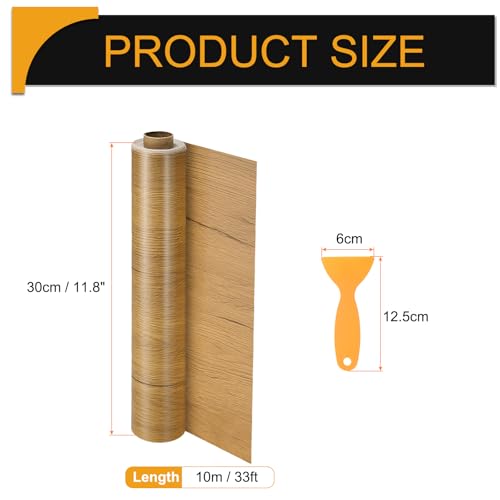 Image of HARFINGTON Wood Grain Repair Tape 11.8 Inch x 33ft Self Adhesive Repair Patch Tape Simulated Wooden Floor Tapes with Plastic Scraper for Tables Doors Windows Furniture, Yellow Teak