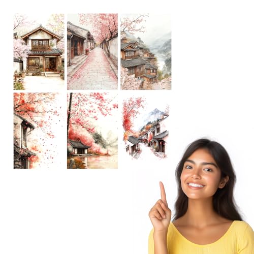 Image of SiddArtify Asian Wall Art Poster Print Set - Watercolor Landscape & Building Decor for Living Room Bedroom Office - 12x18 inch Sticker Pack of 6