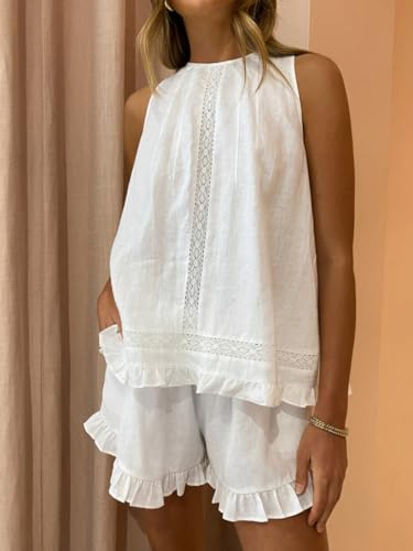 Womens Ruffle Short Set 2 Piece Outfits Fashion Summer Sleeveless Lace Trim Top and Shorts Cotton Pajama Sets2