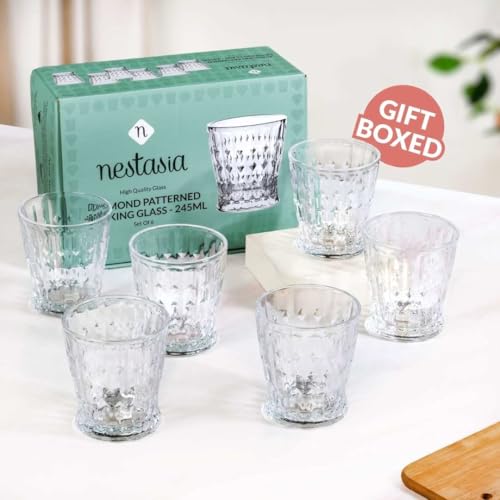 Image of Nestasia Transparent Set of 6 Small Juice Glasses (245 ml Each) - 100% Food Safe & Chip Resistant Diamond Patterned Tapering Tumblers - Ideal for Water, Tea, Coffee & Refreshments