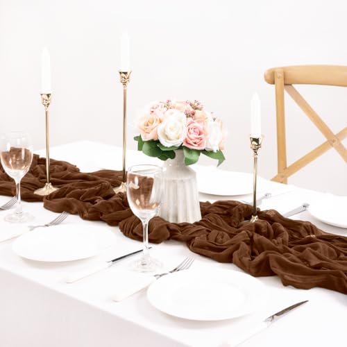 Image of MLMC 6 Pack Brown Table Runner 10ft Boho Rustic Gauze Coffee Cheesecloth Table Runner Neutral Cheese Cloth Table Decor 65x120 Inches for Wedding Bridal Shower Reception Party Decor