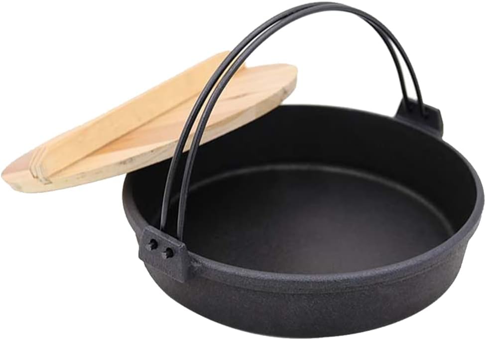 Japanese Style Cast Iron Sukiyaki Nabe Pot Set Single Serving Hot Pot Pan with Wooden Lid for BBQ Picnic Camping-7.8Inch