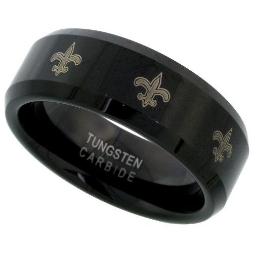 Sabrina Silver 8Mm Black Tungsten Wedding Ring Etched Fleur De Lis Pattern Beveled Edges Comfort Fit, Size 7.5 #TOP1