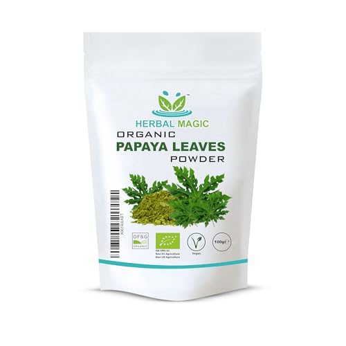Herbal Magic's Organic Papaya Leaf Powder (Carica Papaya)-Green & Whole Leaves - Most Prized Herb in Ayurveda - Ideal for Smoothies, Baking, soups - Free from Fillers & Preservatives-100gms