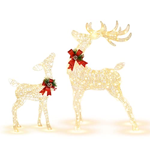 COSTWAY Slitta e Renne Luminose con LED, Luci Natalizie a Forma di Renna da Esterno Interno, Decorazione per Giardino con 50 Luci LED e 4 Picchetti, per Giardino, Prato, Feste