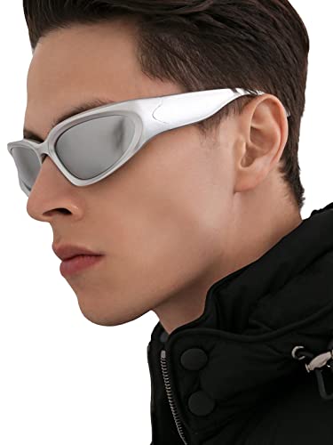 Aieyezo Wrap Around Sports Sunglasses For Men Women Fashion Oval Thick Frame Sun Glasses Stylish Sport Wrap Shades (Silver/Silver Mirrored + Silver/Silver Mirror) #TOP4