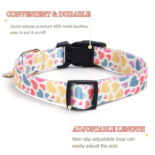 Image of Love Pattern Dog Collar with Buckle Adjustable Safety Nylon Collars for Small Medium Large Dogs, Cute Stylish Girl Boy Christmas Dog Collar （White Heart,S