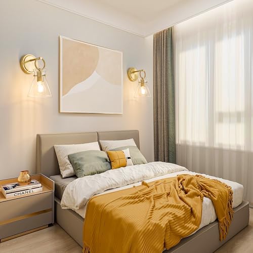Image of Gold Wall Sconce 1-Light Farmhouse Vanity Light Fixtures | Hardwired Modern Wall Lights 6'' Clear Glass Shade for Bathroom, Living Room, Mirror, Kitchen