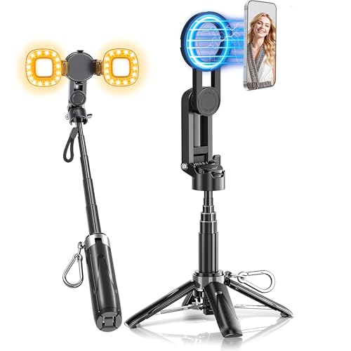 Magnetic Selfie Stick Tripod for iPhone with Light, 4 in 1 Portable Pocket Size Phone Tripod Stand for Magsafe with Remote,Removable Phone Clip for iPhone/Android for Vlogging,Photograph,Video
