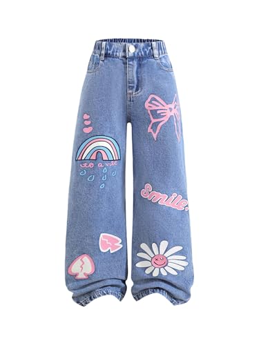 WDIRARA Girl's Cute Print Baggy Jeans Straight Leg Denim Pants Streetwear