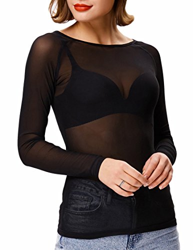 See Through Net Bodysuit Long Sleeve Mesh Tee Shirt Tops for Women (L,Black)