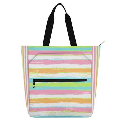 Colourful Stripes Book Tote Bag,Large Capacity Handbag with Zipper Perfect for School,Travel,Shopping