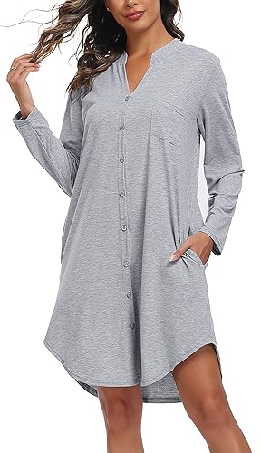 Vlazom Camisón de Cuello en V Camisón de Manga Larga de Algodón para Mujer Ropa de Dormir de Invierno con Botones y Bolsillos Laterales（S,Gris Claro）