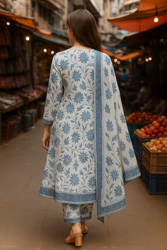 Image of Yashika Women's Cotton Blend Printed Kurta with Pant & Dupatta| Kurta with Pants and Dupatta Set