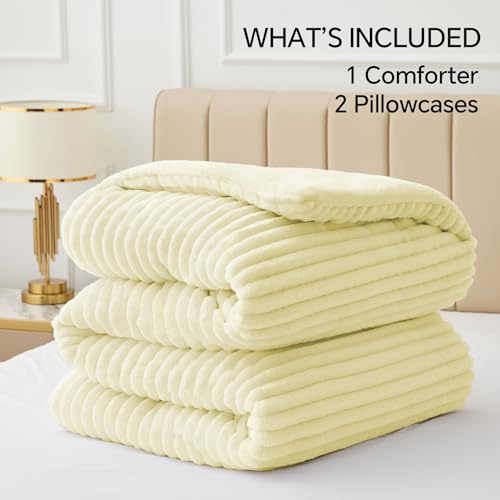 BEDELITE Fleece Queen Comforter Set -Super Soft & Warm Fluffy Transparent Yellow Bedding, Luxury Fuzzy Heavy Bed Set for Winter with 2 Pillow Cases