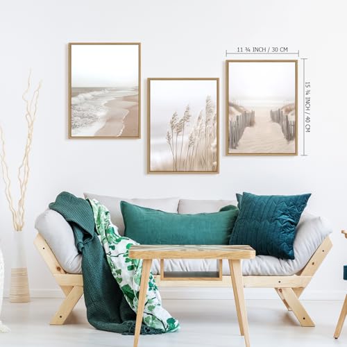Image of Neutral Beach Pampas Grass Wall Art Boho Coastal Canvas Wall Decor, Ocean Shore Landscape Scene Nature Wilderness Prints Artwork for Living Room Bedroom Framed Ocean Theme, Set of 3, 12x16 Inch