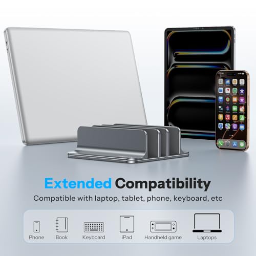 Image of OMOTON Vertical Laptop Stand [Updated 3-Slots Version], Desktop Aluminum Mac Book Stand with Adjustable Dock Size, Fits All Mac Book, Surface, Chrome Book and Gaming Laptops (Up to 17.3 inch), Grey