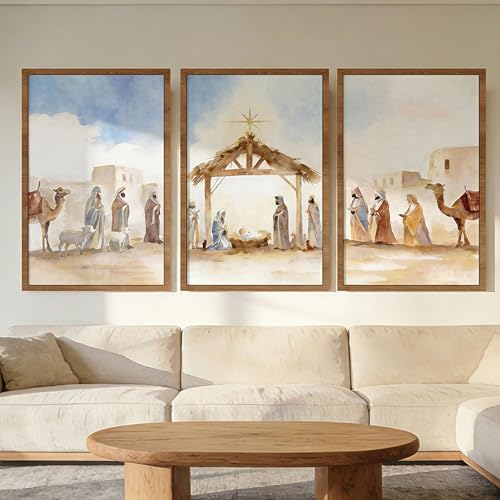 HANSILK Large Nativity Scene Wall Art, Framed Christian Painting of The Holy Family - Jesus, Mary & Joseph, for Living Room, Bedroom, Dining Room Decor - image 1