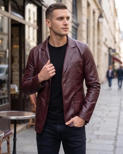 Red Leather Jackets Men Faux Leather Blazer Button Closure Blazer XL — view 2