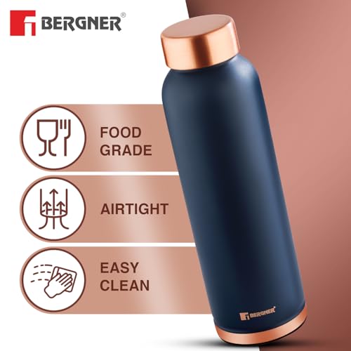 Image of BERGNER Walking Copper Water Bottle 950ml, Pure Copper, BPA Free, Non-Toxic, Leak Resistant, Pure Tamba Provides Health Benefits, Office Bottle, Hiking Trekking Bottle, Boosts Immunity - Navy Blue