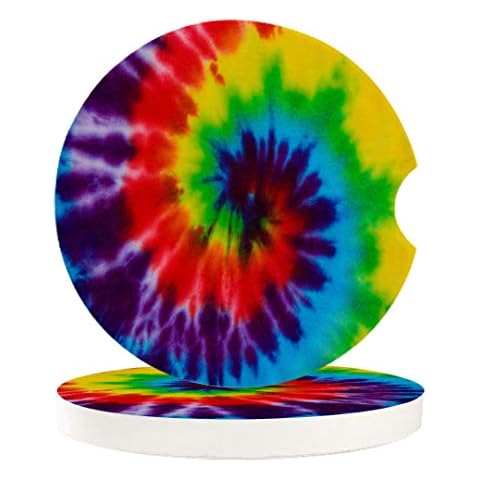 Car Coasters for Drinks Set of 2 Pack,Ethnic Rainbow Tie-dye Pattern Durable Absorbent Ceramics Car Accessories Easy Removal of Auto Cup Holders for Women Men Cover
