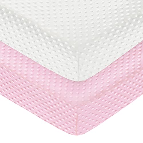 Image of POSENPRO 2 Pack Microfiber Fitted Minky Crib Sheets for Baby Boys Girls, Solid Color Toddler Bed Sheets for Standard Crib and Toddler Mattresses with Dotted Backing, 28"x52"x8", Pink & White