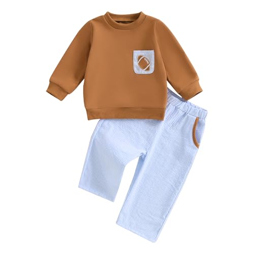 Toddler Baby Boy Clothes Fall Winter Outfit Football Embroidery Long Sleeve Sweatshirt & Plaid Pant Set